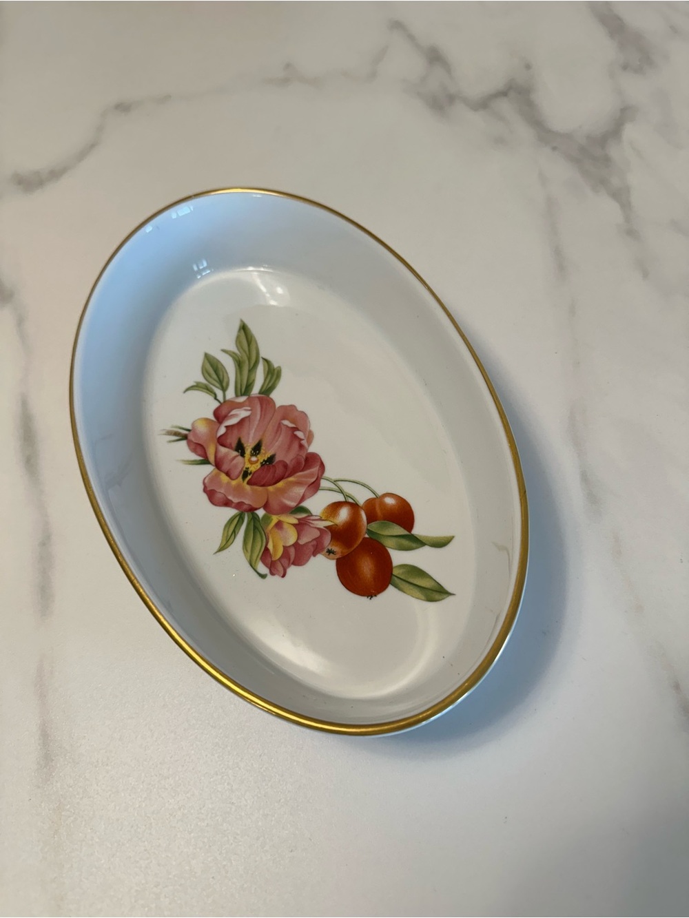 Royal Worcester Oval Oven Dish Pershore Pattern Floral Fruit Decor Gold Trim - Picture 2 of 4